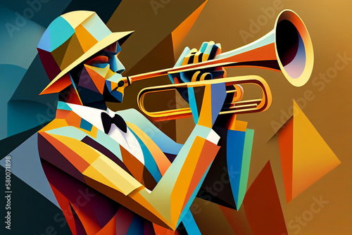 Afro-American male jazz musician trombonist playing a brass trombone in an abstract cubist style painting for a poster or flyer, computer Generative AI stock illustration photo