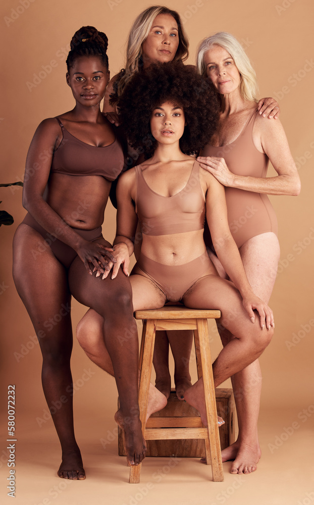 Beauty, diversity and portrait of body positive women, girl friends and senior woman relax together on studio background. Group solidarity, empowerment and confident lingerie people with self love - obrazy, fototapety, plakaty 