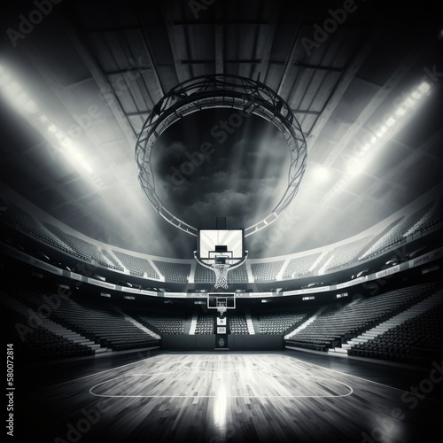 interior view of an illuminated basketball stadium. Illustration AI Generative