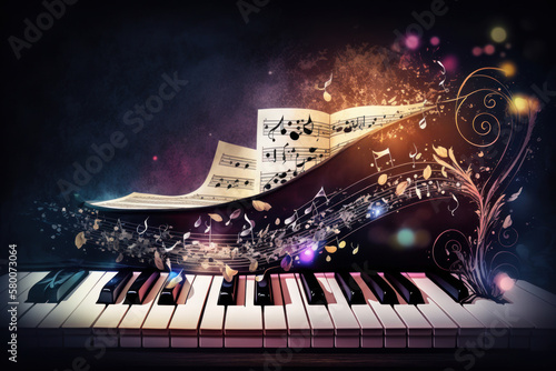 piano and music notes on the background. Illustration AI Generative photo