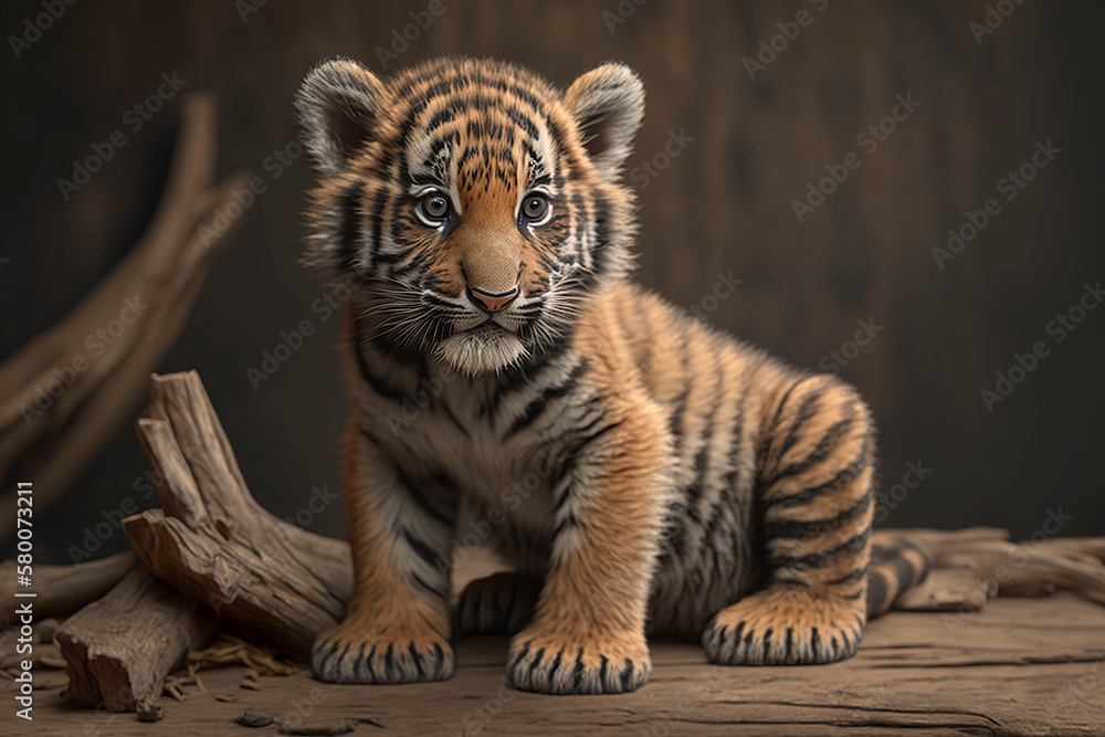 Obraz premium Cute little tiger cub. Generative Ai.