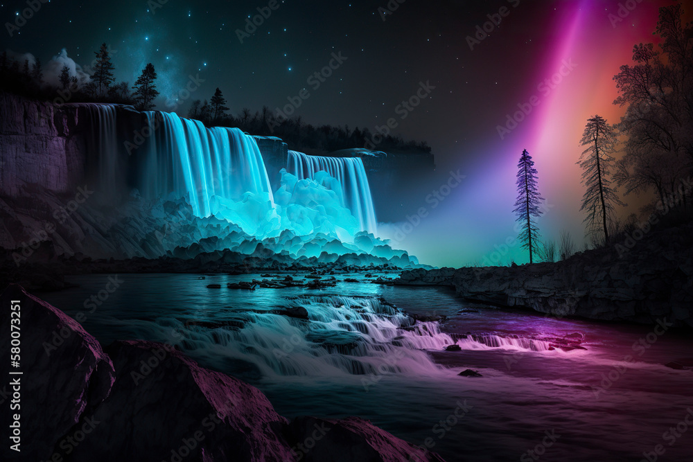 Digital art depicting a neon waterfall. Water illuminated by multicolored light. Generative AI.