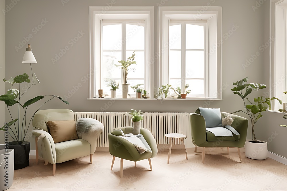 Stylish Armchair and Diffrent Potted Plants, Big Window, Minimalist Interior Design