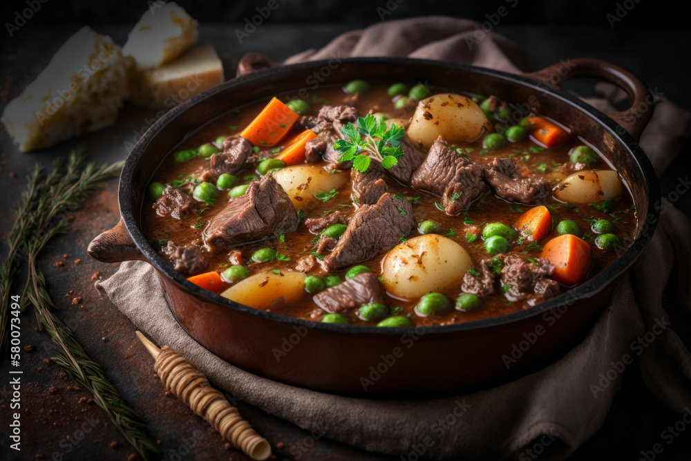 Tasty food Beef Stew with potato on a dark background. Illustration AI Generative Tasty food Beef Stew with potato on a dark background. Illustration AI Generative