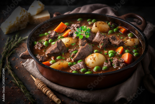 Tasty food Beef Stew with potato on a dark background. Illustration AI Generative