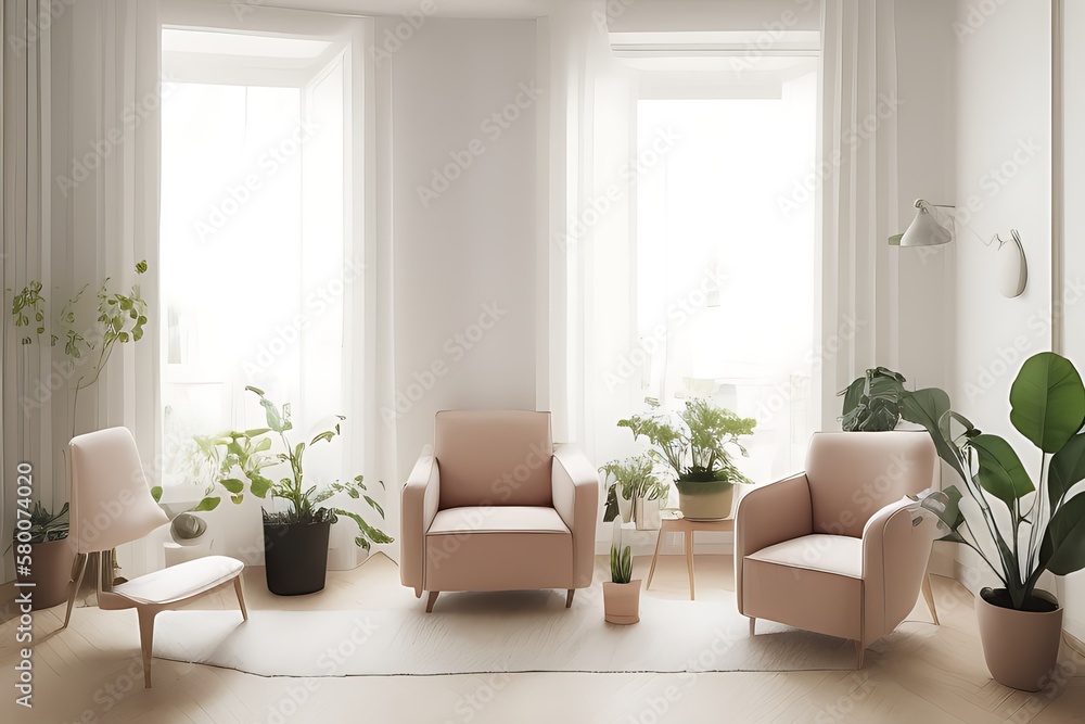 Fototapeta premium Stylish Armchair and Diffrent Potted Plants, Big Window, Minimalist Interior Design