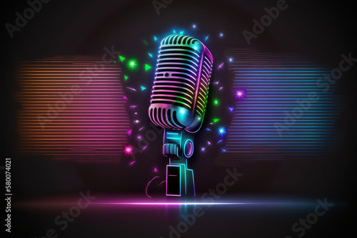 Microphone with bright colorful background. karaoke party. Illustration AI Ge...