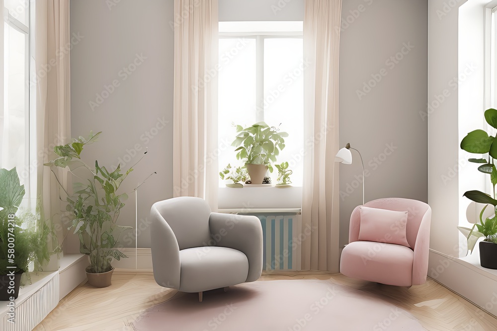 Stylish Armchair and Diffrent Potted Plants, Big Window, Minimalist Interior Design Stylish Armchair and Diffrent Potted Plants, Big Window, Minimalist Interior Design