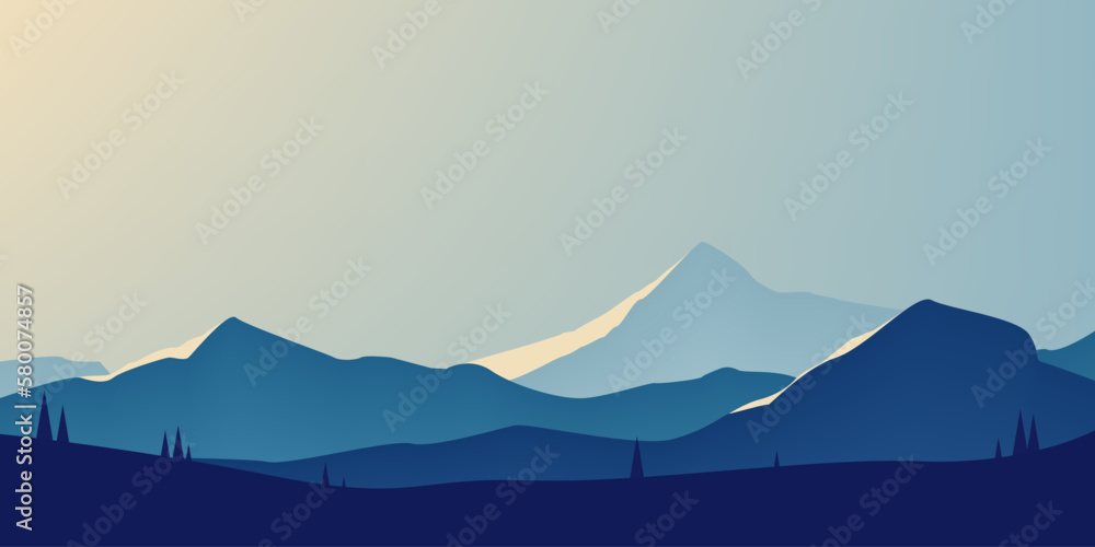 Landscape, a mountain range silhouettes. Minimalistic natural wallpapers in a flat style. Blue background. Vector illustration