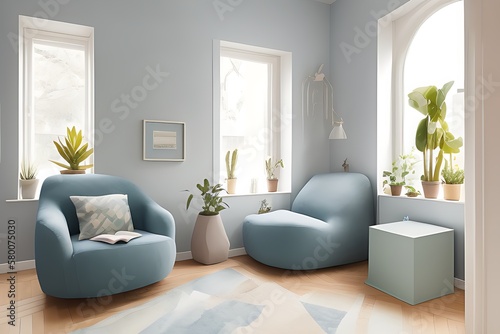 Stylish Armchair and Diffrent Potted Plants  Big Window  Minimalist Interior Design