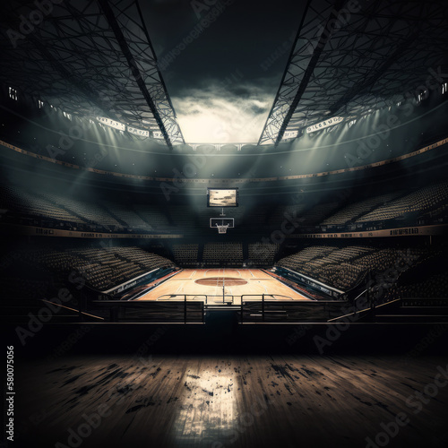 interior view of an illuminated basketball stadium. Illustration AI Generative
