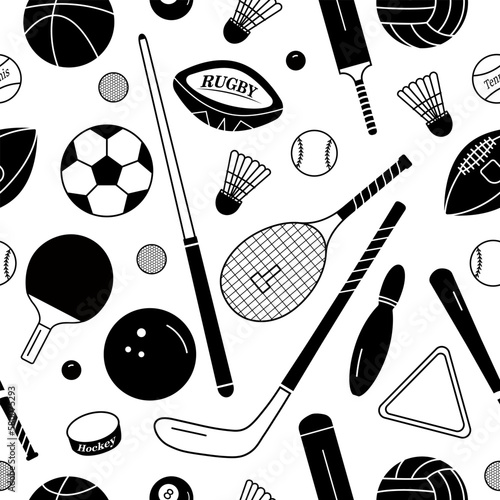 Sport seamless pattern with different balls and sport equipment. Vector background in simple monochrome style