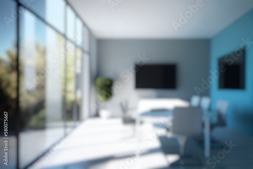 Wallpaper Mural Blurred large modern office meeting room in the morning, interior workplace with cityscape for business presentation background, AI generated Torontodigital.ca