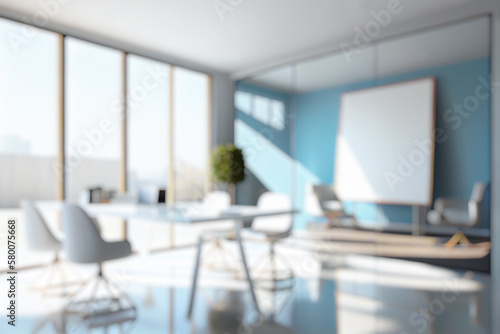 Blurred large modern office meeting room in the morning, interior workplace with cityscape for business presentation background, AI generated