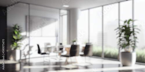 Wallpaper Mural Blurred large modern office meeting room in the morning, interior workplace with cityscape for business presentation background, AI generated Torontodigital.ca