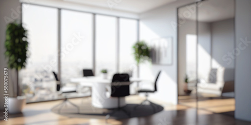 Blurred large modern office workspace in the morning   interior workplace with cityscape for business presentation background  AI generated