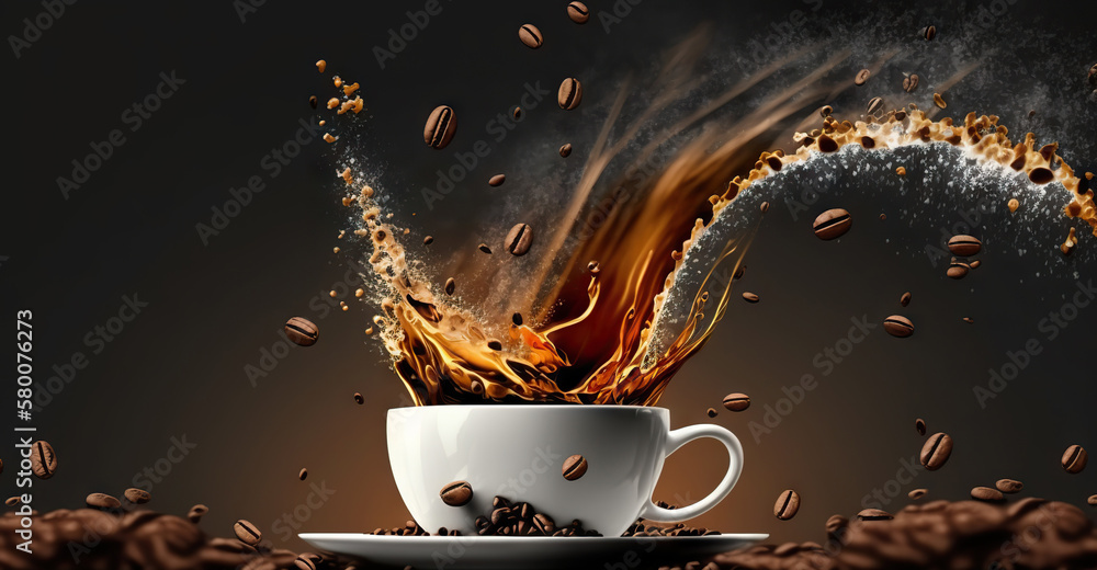 Delicious coffee with splashes and coffee beans pouring into a cup on a dark background. Based on Generative AI - obrazy, fototapety, plakaty 