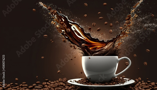 Delicious coffee with splashes and coffee beans pouring into a cup on a dark background. Based on Generative AI