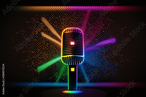 Microphone with bright colorful background. karaoke party. Illustration AI Ge...