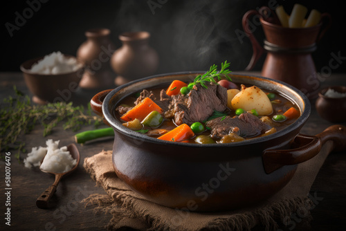 Tasty food Beef Stew with potato on a dark background. Illustration AI Generative