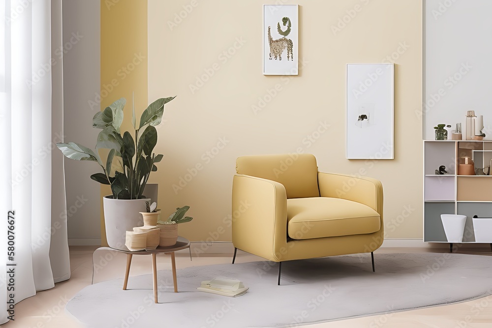 Stylish Armchair and Diffrent Potted Plants, Big Window, Minimalist Interior Design Stylish Armchair and Diffrent Potted Plants, Big Window, Minimalist Interior Design