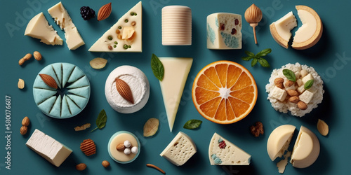 Assorted cheeses and dried fruits displayed on a neutral background. Perfect for food, cheese, and snack related designs