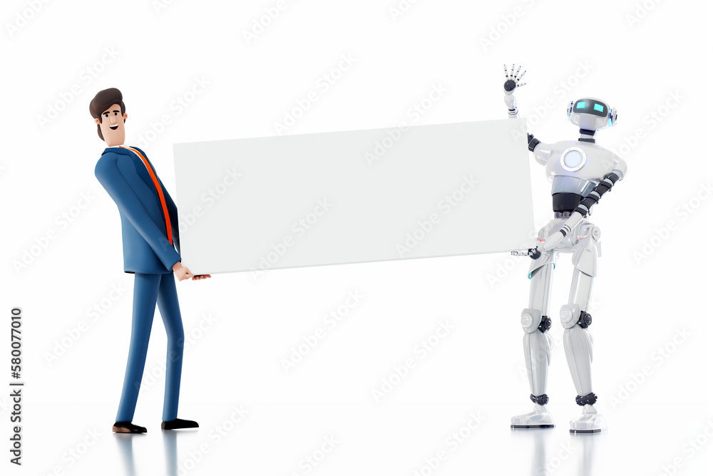 Successful businessman and White robot hold banner with space for text, 3D rendering illustration isolated on white background. Technology and business concept Successful businessman and White robot hold banner with space for text, 3D rendering illustration isolated on white background. Technology and business concept