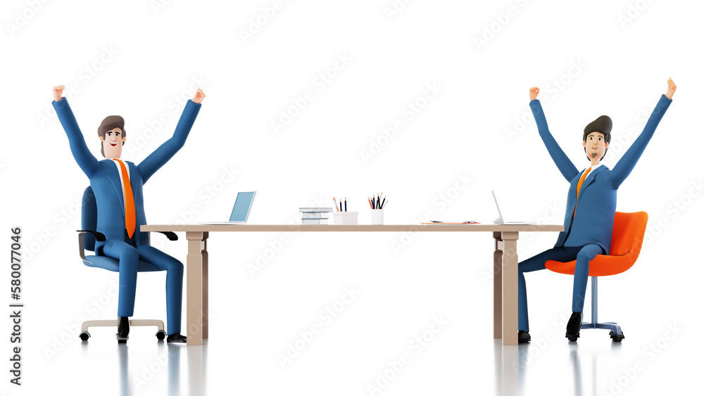 Two businessmen after successful negotiation holds hands up as symbol of winning and success. 3D rendering illustration 