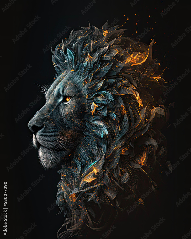 Generated photorealistic fractal of a lion with a mane of leaves and fire