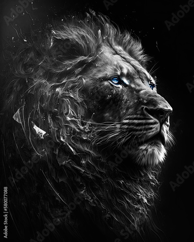 Generated photorealistic portrait of a lion with blue eyes in black and white