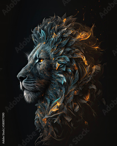 Generated photorealistic fractal of a lion with a mane of leaves and fire