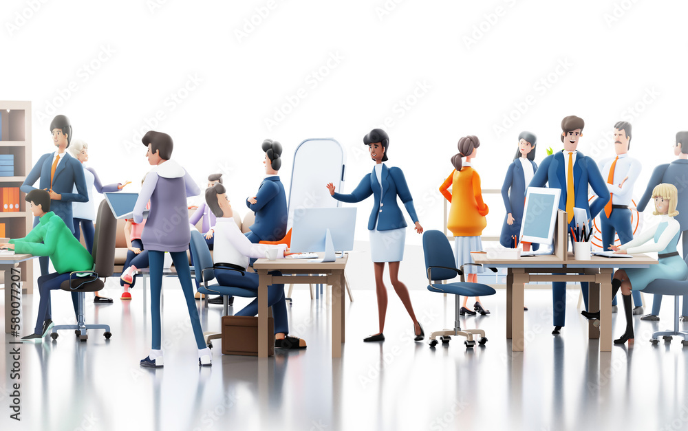 Group of business people collaborating on a project, talking by a desk, sharing ideas. 3D rendering illustration Group of business people collaborating on a project, talking by a desk, sharing ideas. 3D rendering illustration