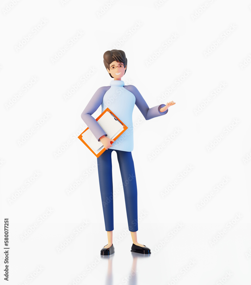 Young woman with notepad isolated in white background. 3D rendering illustration