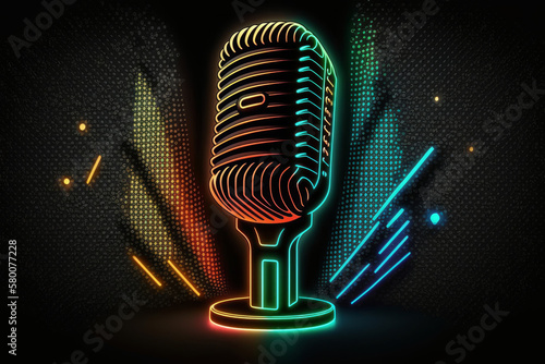 Microphone with bright colorful background. karaoke party. Illustration AI Ge...