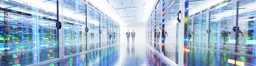 Two businessmen walking in big modern server room, data centre or mining farm, controlling the working process. 3D rendering illustration