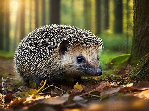 Fototapete Cute common hedgehog at summer forest. Generative AI