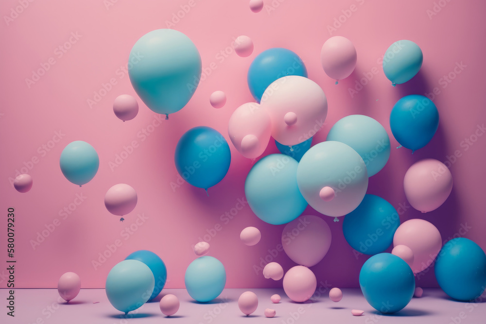 Blue balloons floating in the studios pink pastel background. Illustration AI Generative