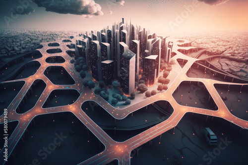 Smart city and polygon pattern connection with speed line. Illustration AI Ge...