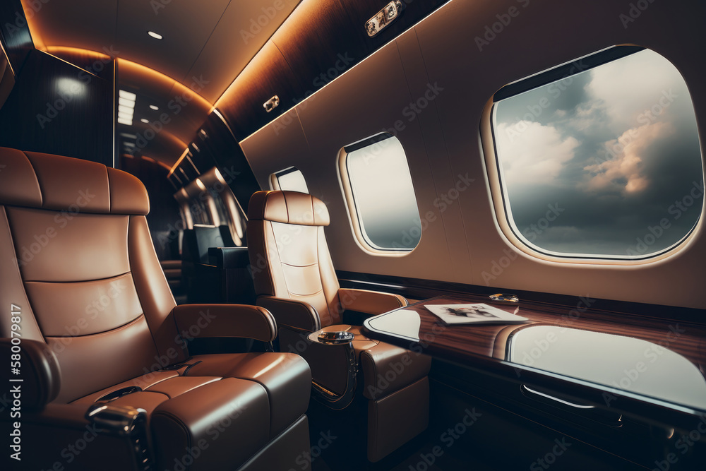 Interior of luxurious private jet with leather seats. Illustration AI Generative Interior of luxurious private jet with leather seats. Illustration AI Generative