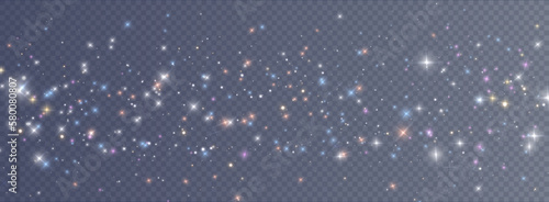 Christmas background. Powder dust light PNG. Magic shining gold and white dust. Fine, shiny dust bokeh particles fall off slightly. Fantastic shimmer effect. Vector illustrator.	