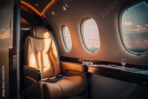 Interior of luxurious private jet with leather seats. Illustration AI Generative photo