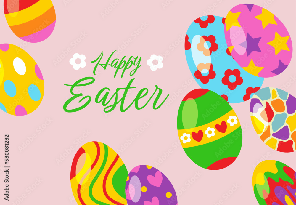 Easter poster and banner template with Easter eggs on light pink background.Easter congratulations and gifts in flat style.
