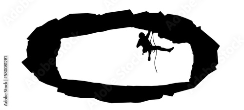 Climb climbers adventure hobby vector illustration for logo - Black silhouette of a ellipse frame and climber on a cliff rock