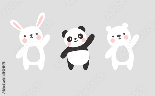 bunny, panda, polar bear cartoon vector character, cute chibi animals collection set isolated on grey