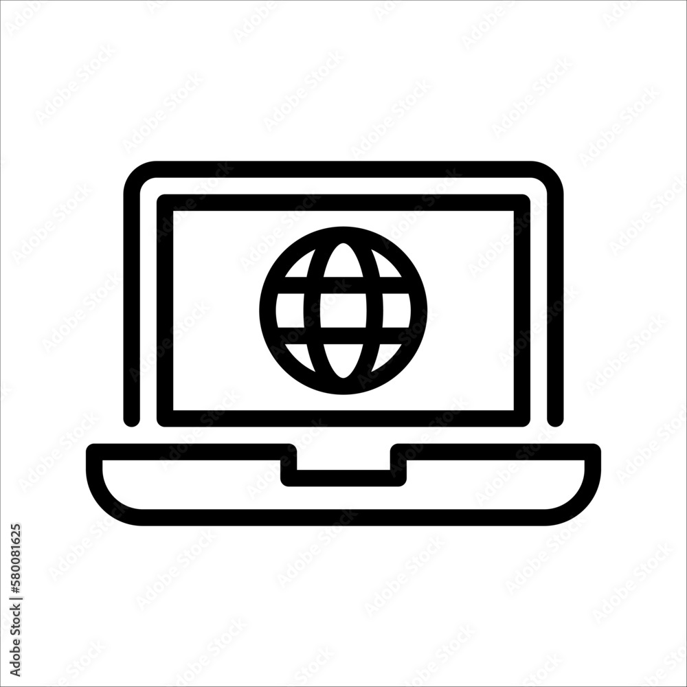 Laptop Globe Icon. Globe on screen of laptop icon. computer with globe sign. vector illustration on white background Laptop Globe Icon. Globe on screen of laptop icon. computer with globe sign. vector illustration on white background