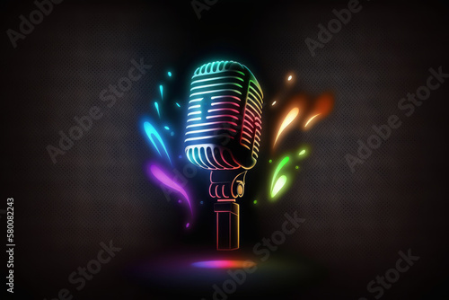 Microphone with bright colorful background. karaoke party. Illustration AI Ge...