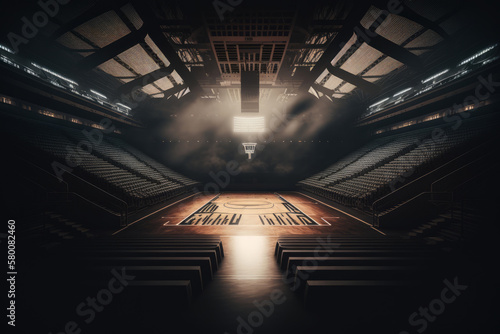 interior view of an illuminated basketball stadium. Illustration AI Generative