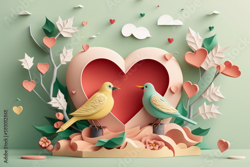 spring background with birds and love hearts papercut style Generative AI photo