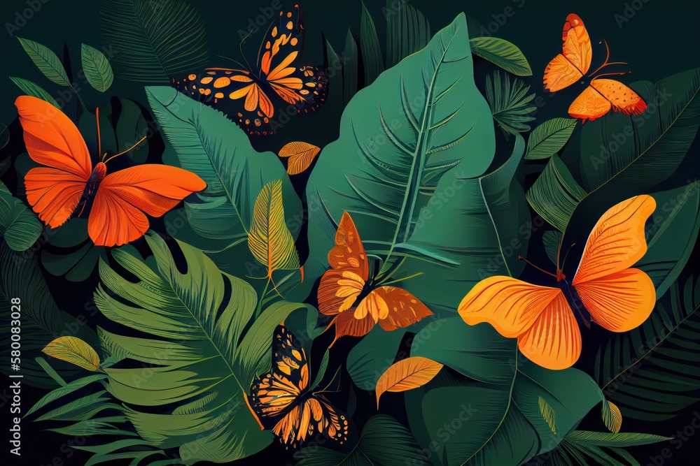 Tropical leaves and butterflies pattern on a green background. Generative AI