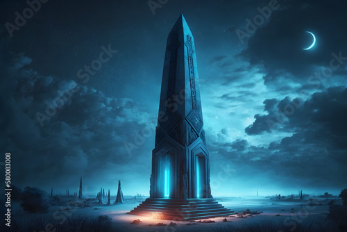 Futuristic fantasy ancient obelisk of fairytale civilization. Neural network AI generated art